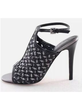 Coach Leela Leather Heels - Size 8.5 Black and Silver Woven Leather